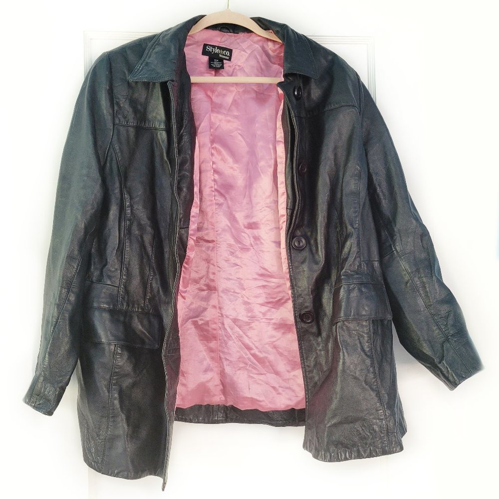 Style & Co. Women's Leather Jacket Black/Pink 18W